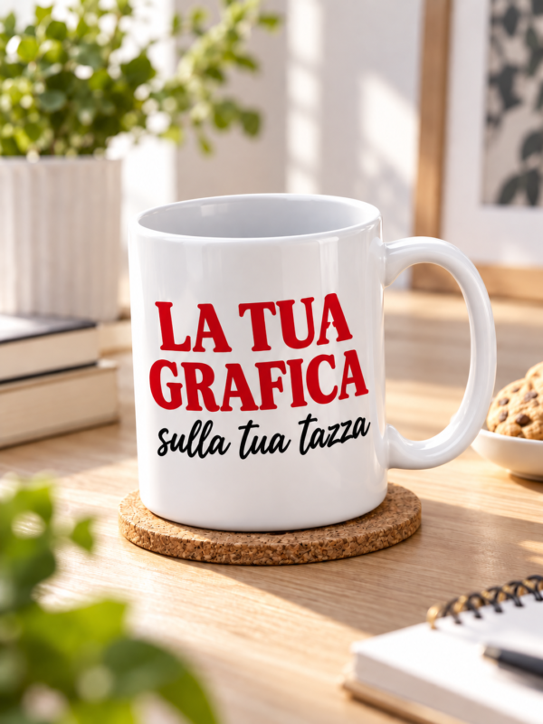 Tazza bianca personalizzata con grafica appoggiata su tavolo